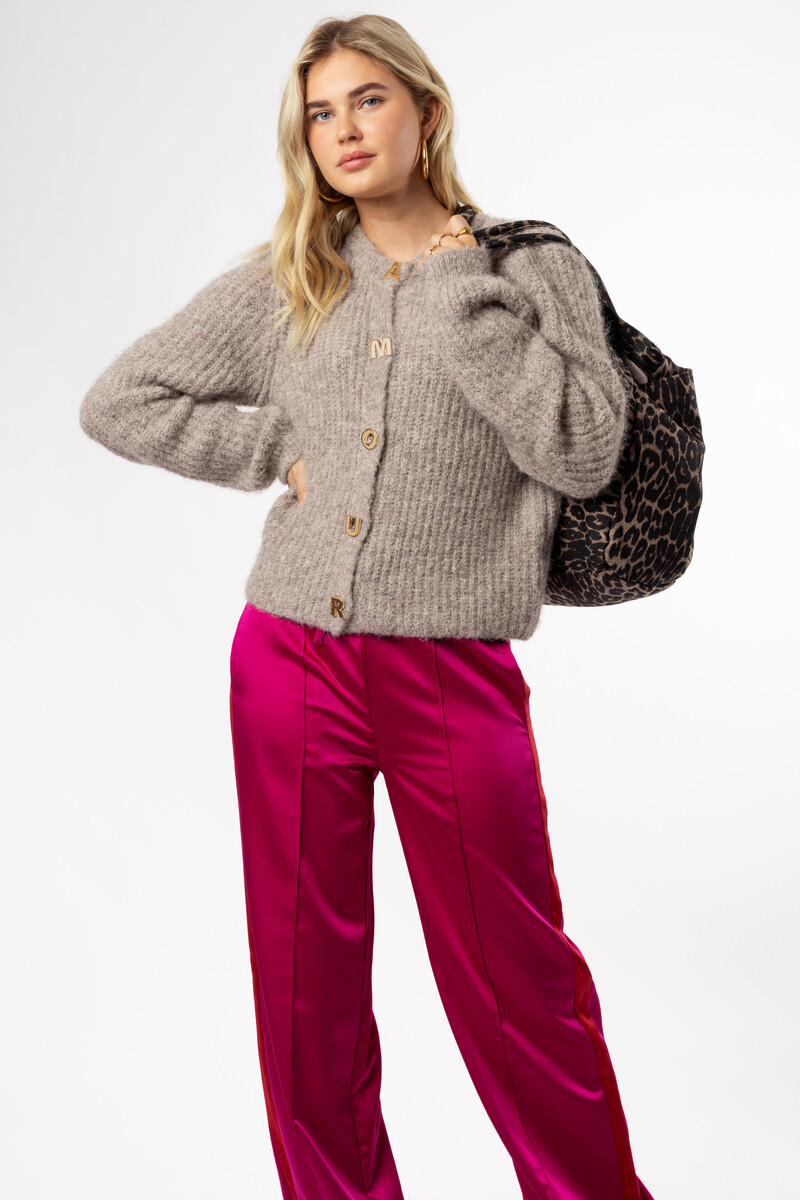 Grey knit cardigan with l'amour buttons | My Jewellery