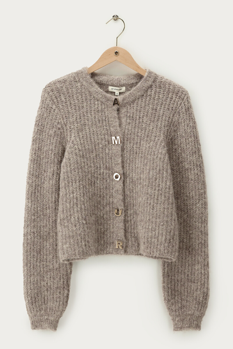 Grey knitted cardigan with l'amour buttons | My Jewellery