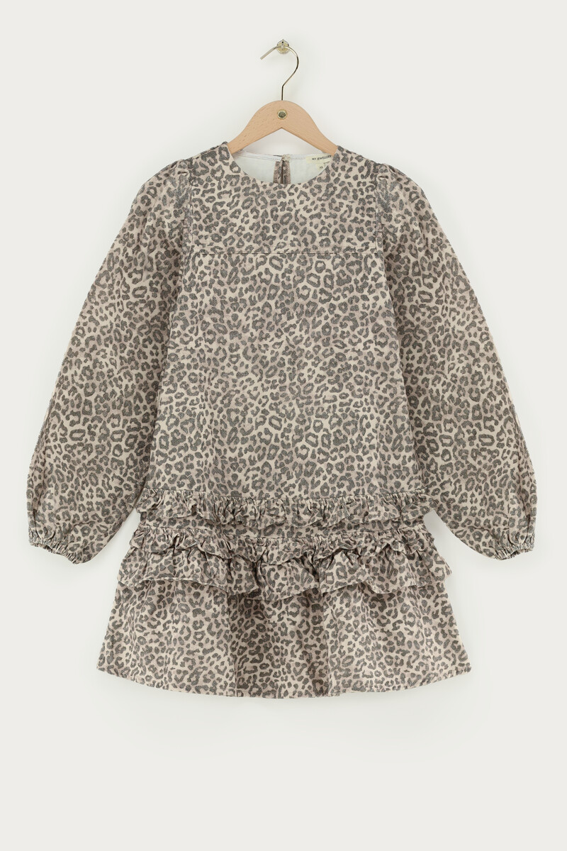 Grey leopard print dress with ruffles | My Jewellery