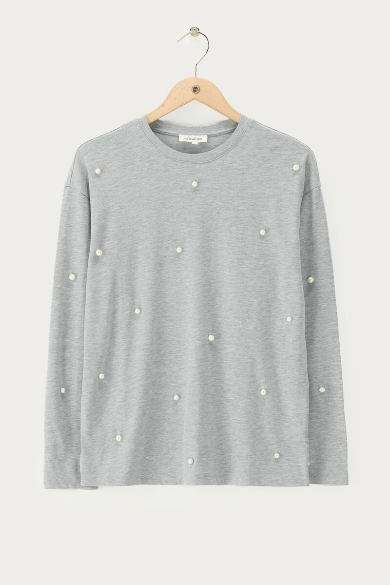 Grey long sleeve with all over faux pearls | My Jewellery