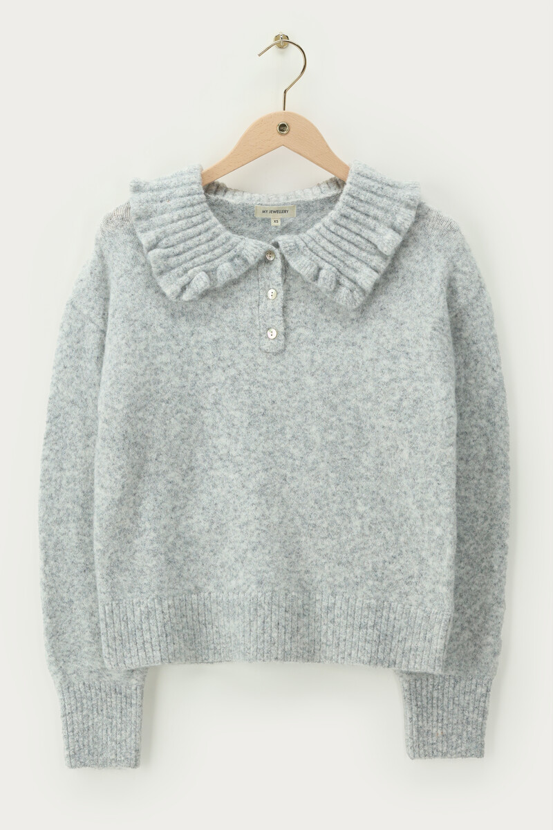 Grey polo sweater with ruffle collar | My Jewellery