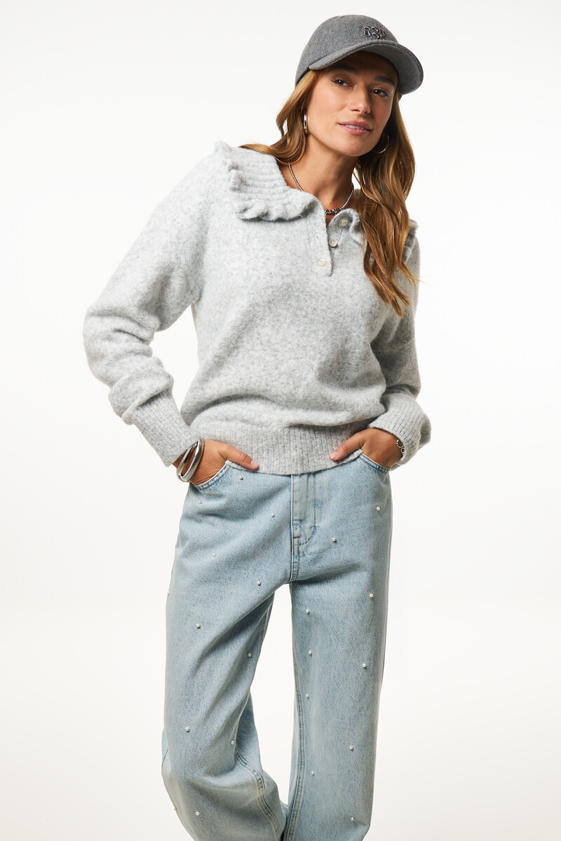 Grey polo sweater with ruffle collar | My Jewellery
