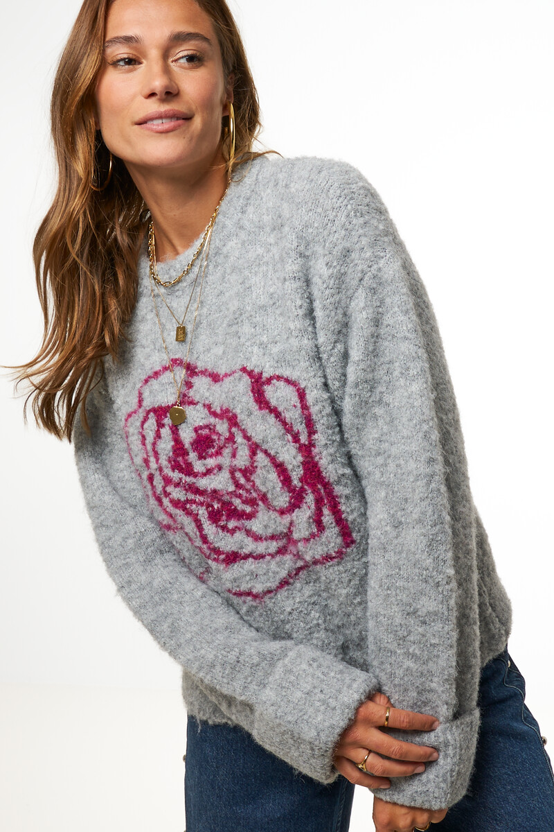 Grey sweater with rose artwork | My Jewellery