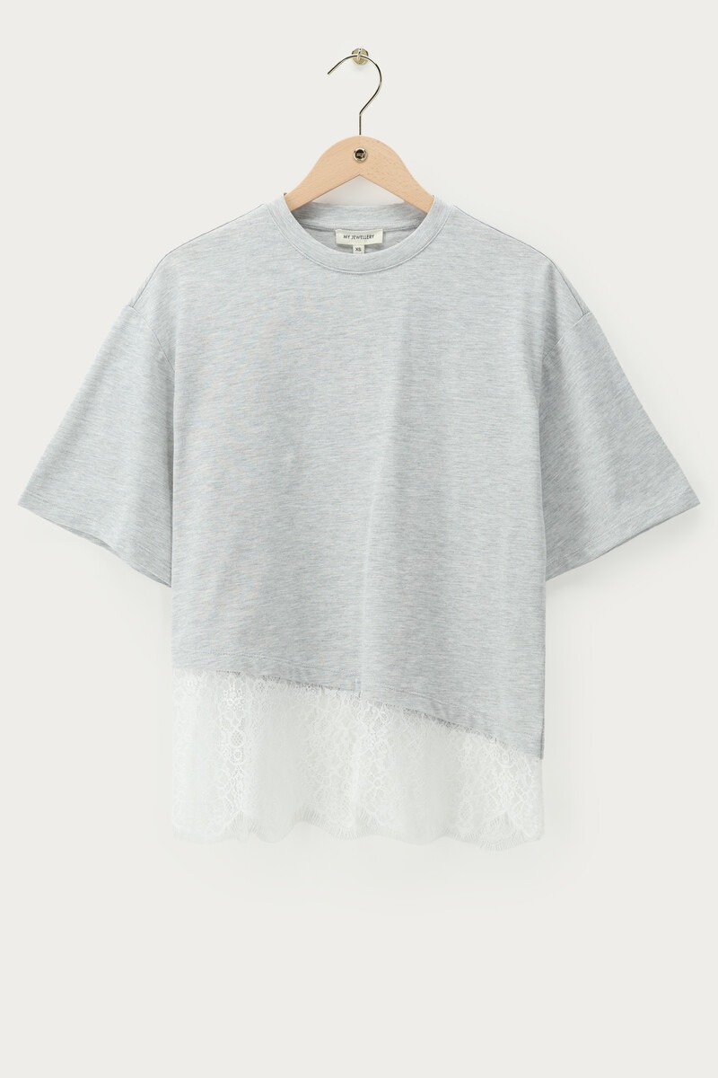 Grey T-shirt with slanted lace detailing | My Jewellery