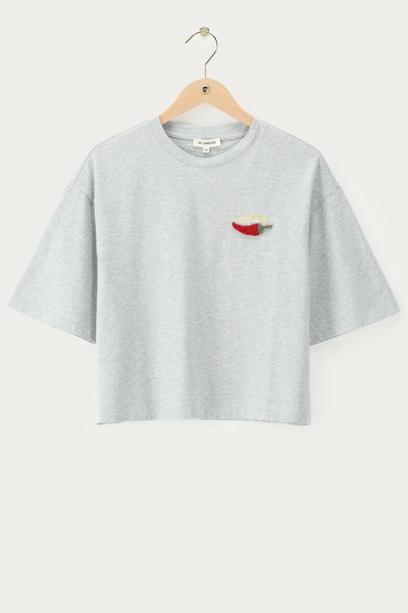 Grey T-shirt with red pepper ''Amour'' | My Jewellery
