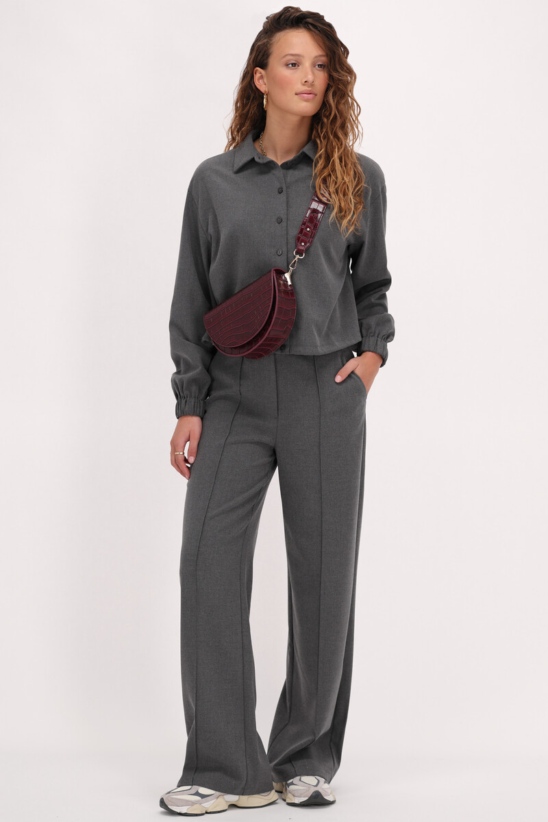 Grey wide leg pants with concealed button down shirt