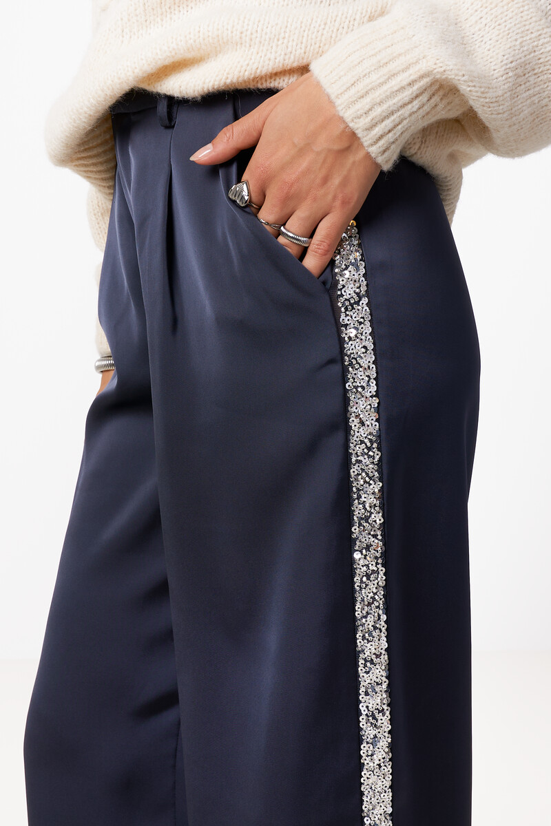 Grey wide satin pants with sequin tapes | My Jewellery