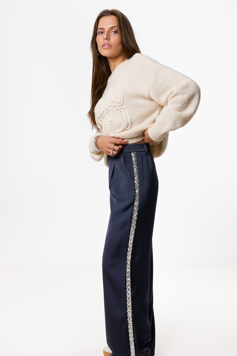 Grey wide satin pants with sequin tapes | My Jewellery