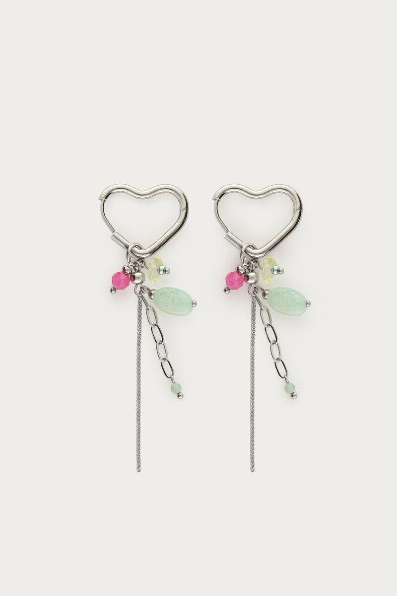 Heart-shaped earrings with green beads & balls
