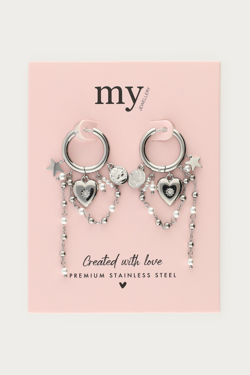 Hoop earrings with heart & imiation pearl cords | My Jewellery