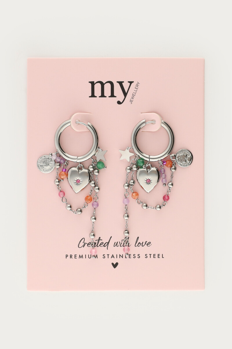 Earrings with heart & multicoloured beaded cords | My Jewellery