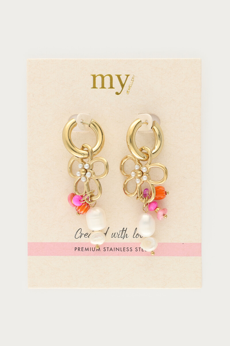 Hoop earrings with open flowers and faux pearls | My Jewellery