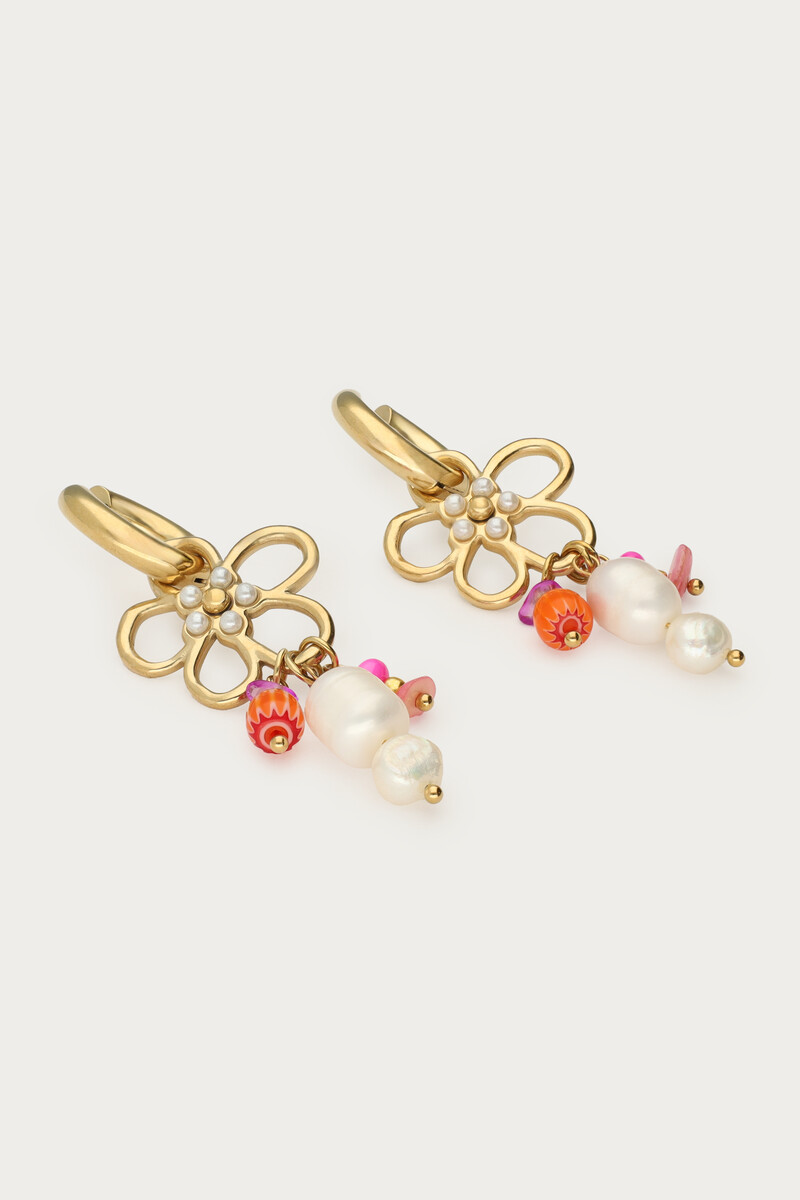 Hoop earrings with open flowers and faux pearls | My Jewellery