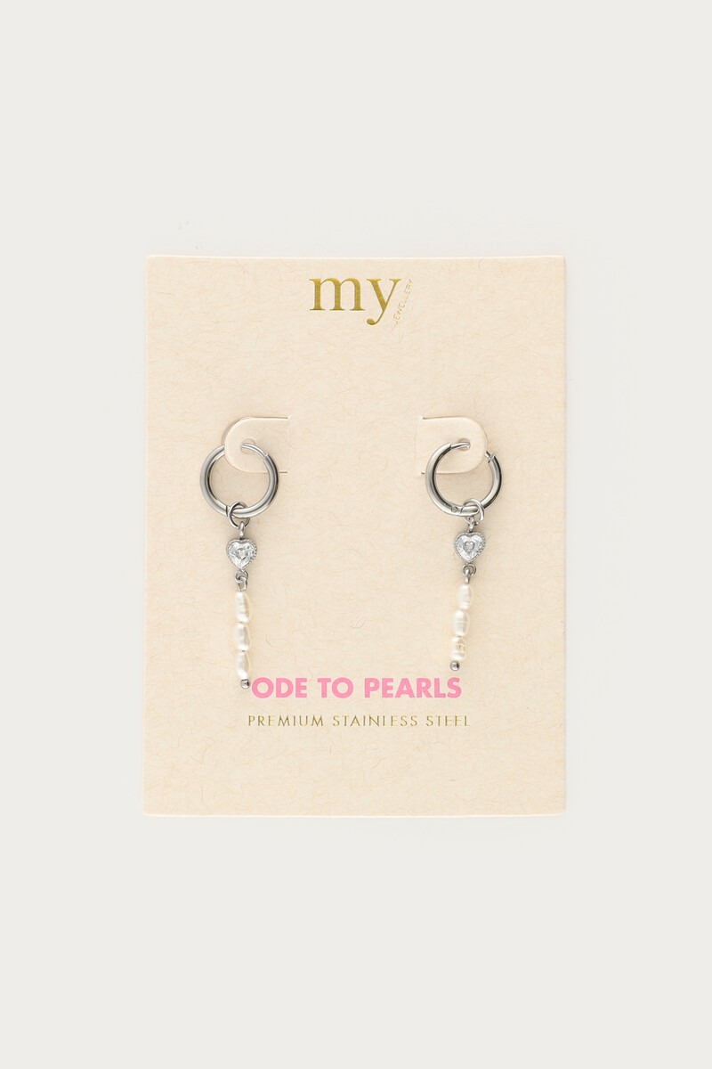 Hoop earrings with rhinestone heart and freshwater pearls | My Jewellery