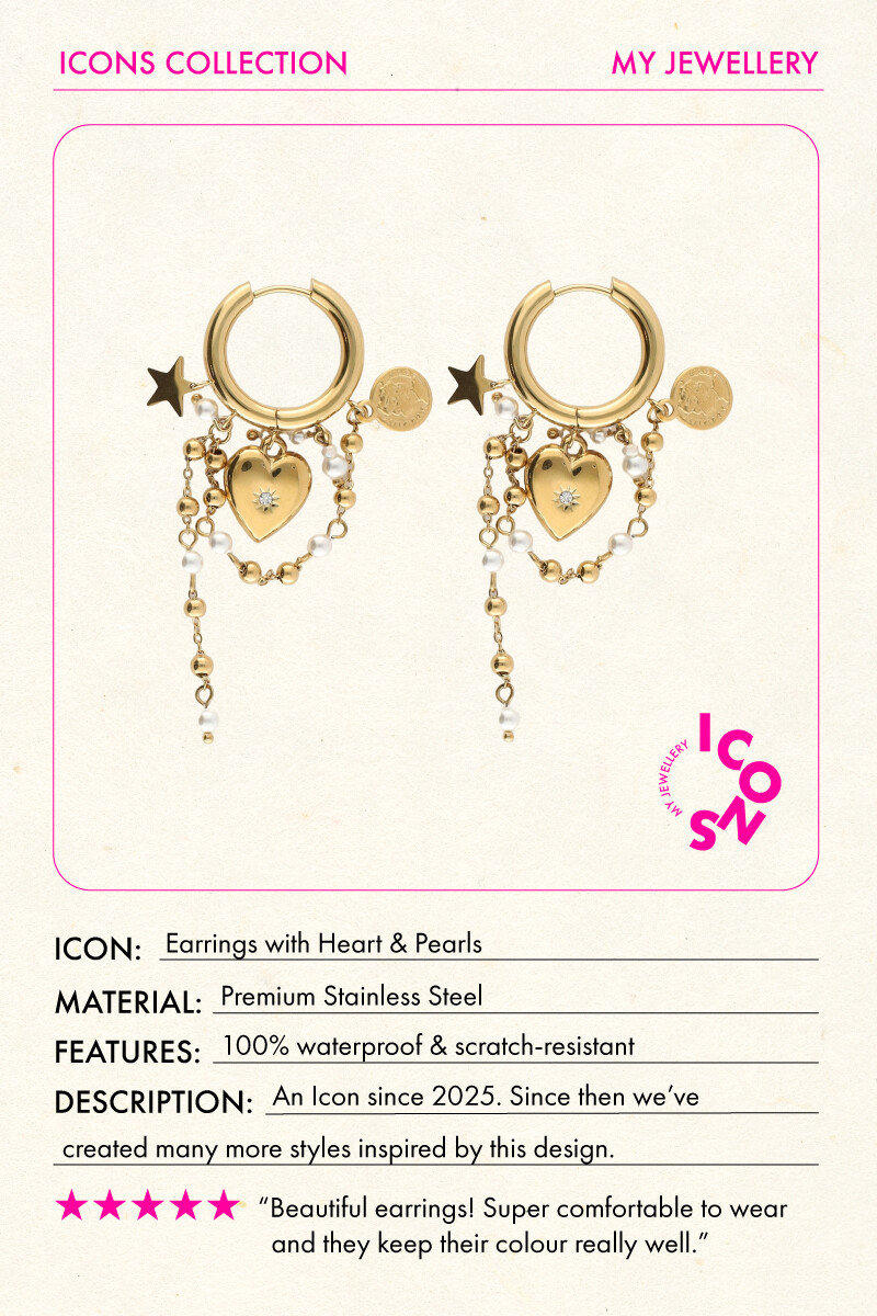 Hoop earrings with heart & imiation pearl cords | My Jewellery