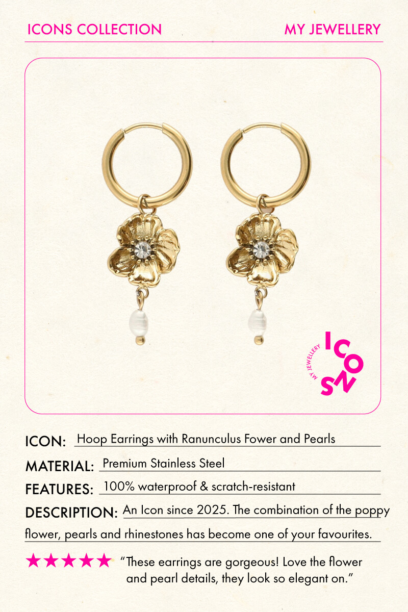 Hoop earrings with ranunculus flower and freshwater pearls | My Jewellery