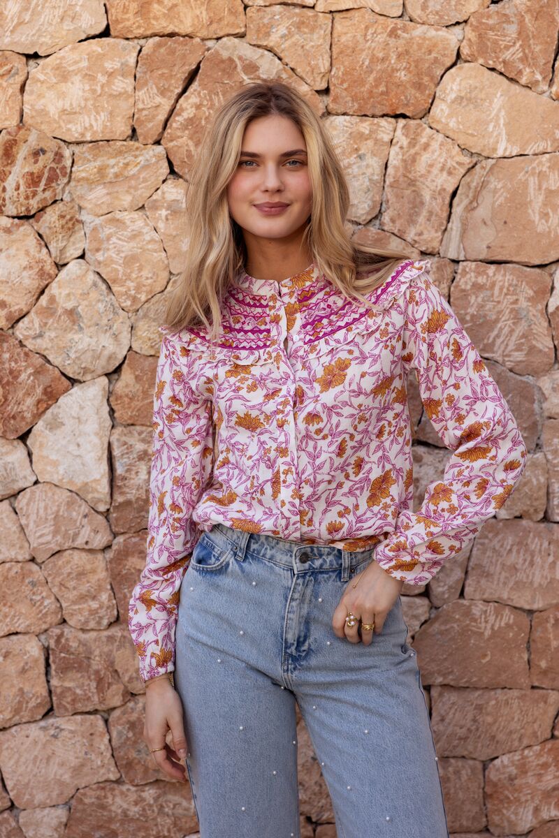 White blouse with pink floral print and embroidery | My Jewellery