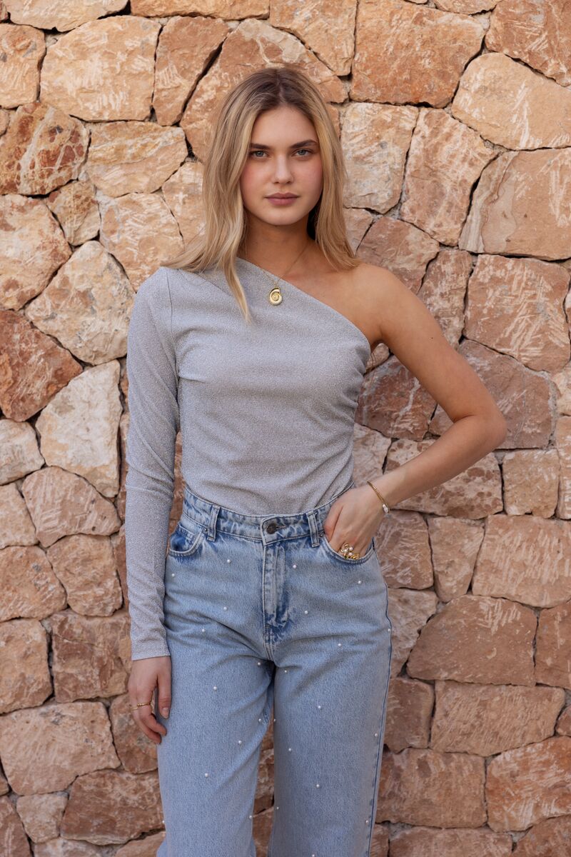 Silver one-shoulder top with lurex | My Jewellery
