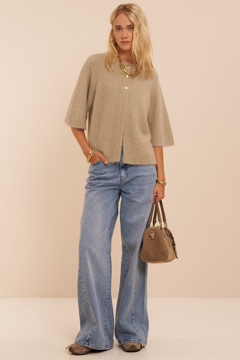 Khaki cardigan with short sleeves and buttons | My Jewellery