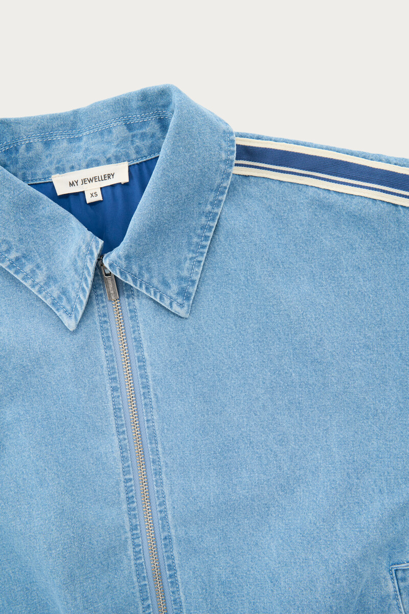 Light Blue Denim Jacket with Striped Sleeves | My Jewellery