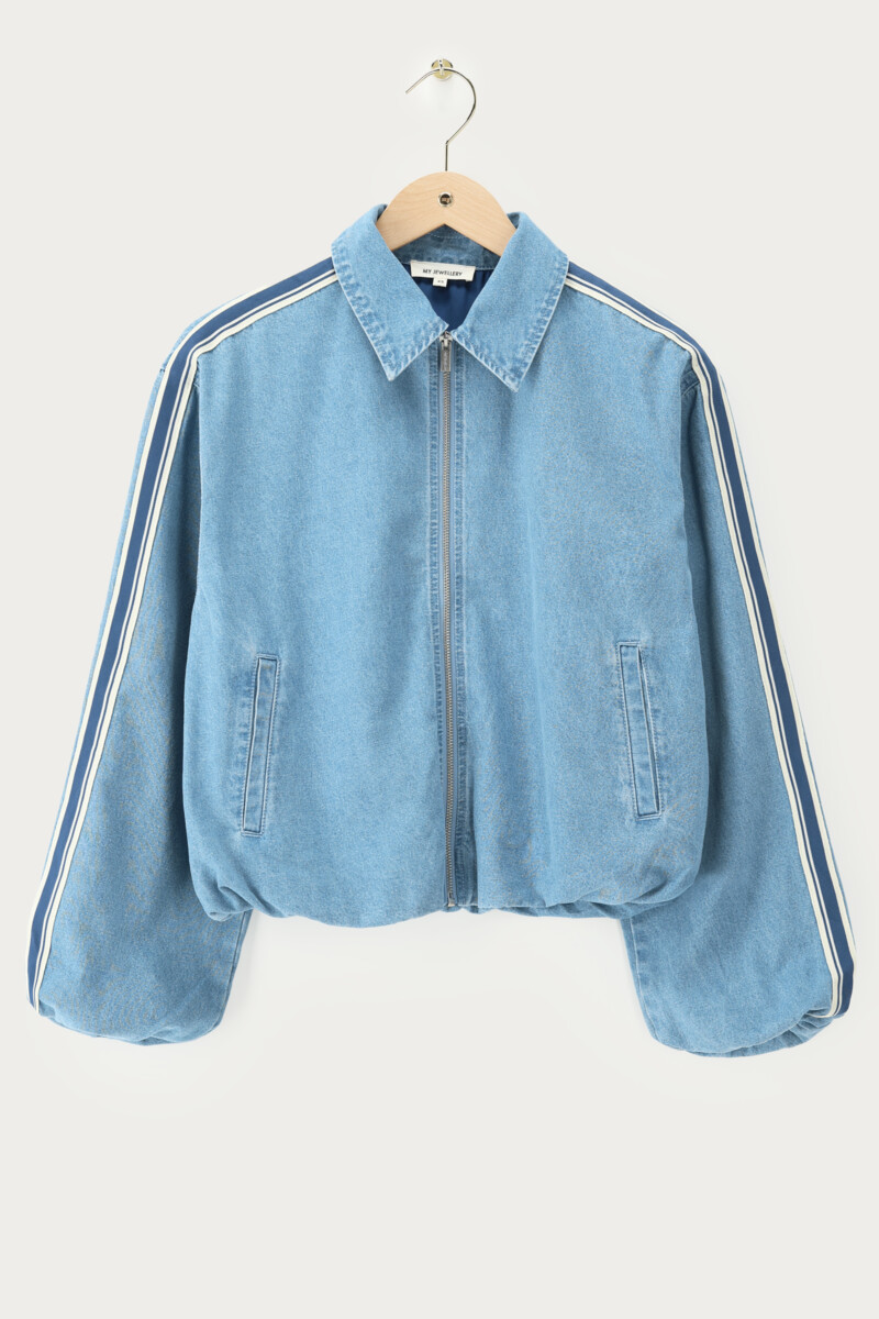 Light Blue Denim Jacket with Striped Sleeves | My Jewellery