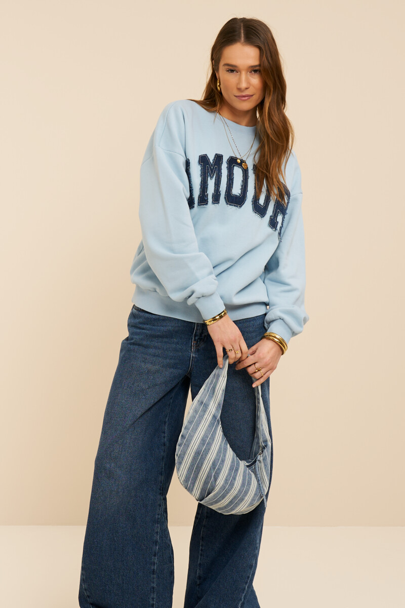 Light blue sweater with denim patch "Amour" | My Jewellery