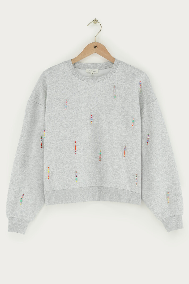 Light grey sweater with coloured beaded fringes | My Jewellery