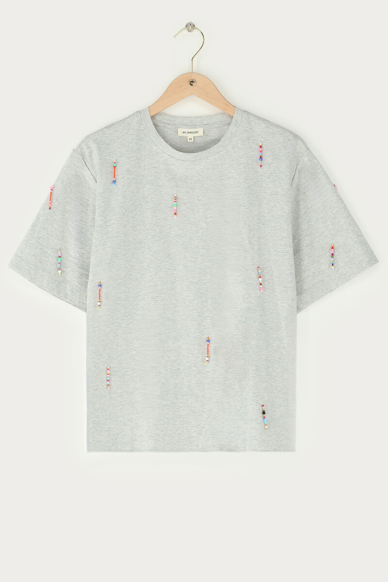 Light grey T-shirt with coloured beaded fringes | My Jewellery