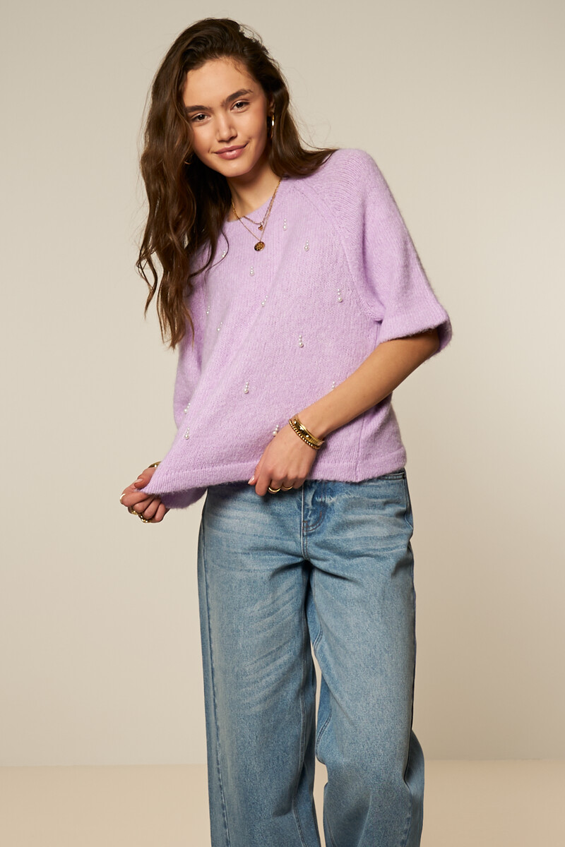 Lilac short-sleeved sweater with imitation pearls | My Jewellery