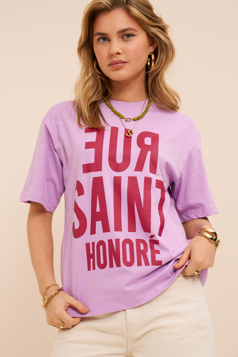 Lila T-shirt met rood "Rue saint honore"