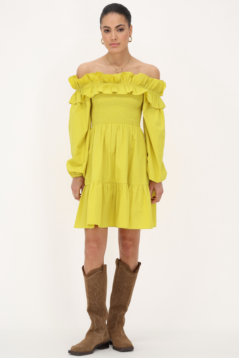 Lime green dress with ruffles &amp; smock | My Jewellery