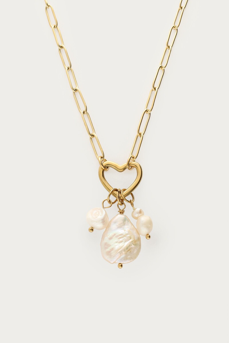 Collier à maillons petit cœur et perles naturelles