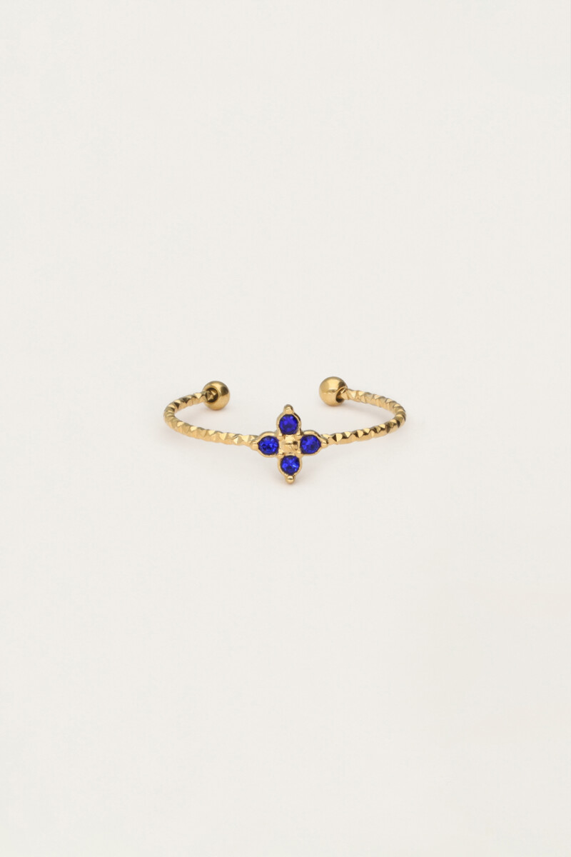 My jewellery Minimalistische ring met klavertje en blauwe strass