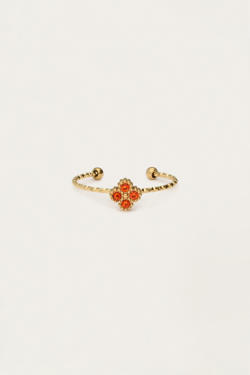 My jewellery Minimalistische ring met klaver en oranje strass