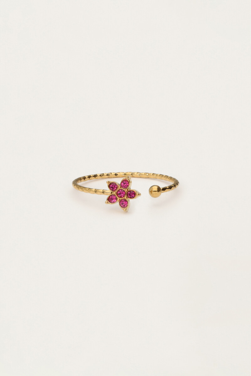 My jewellery Minimalistische ring met bloem en roze strass