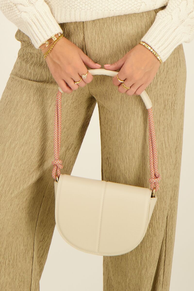 Beige shoulder bag half-circle with multicoloured strap | My Jewellery