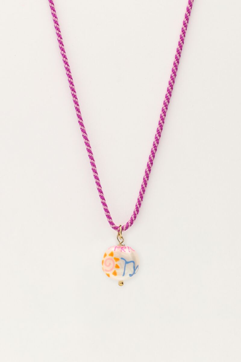 Zodiac paarse koord ketting met zoetwaterparel