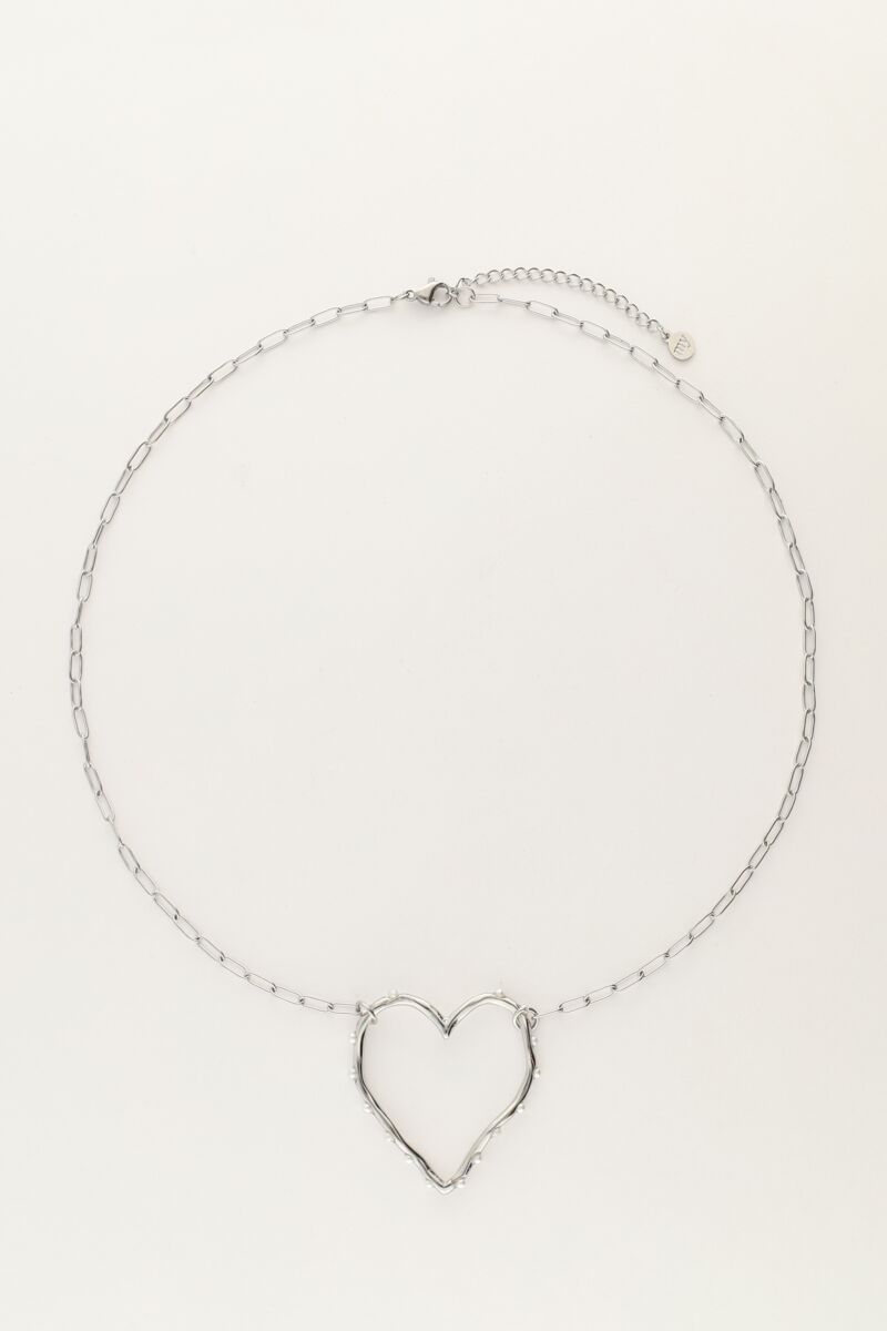 Chain necklace with open heart and faux pearls