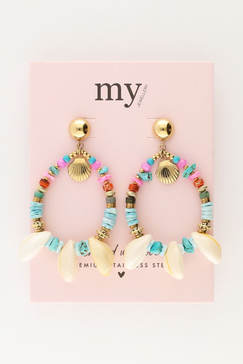 Art earrings with blue beads and seashells | My Jewellery