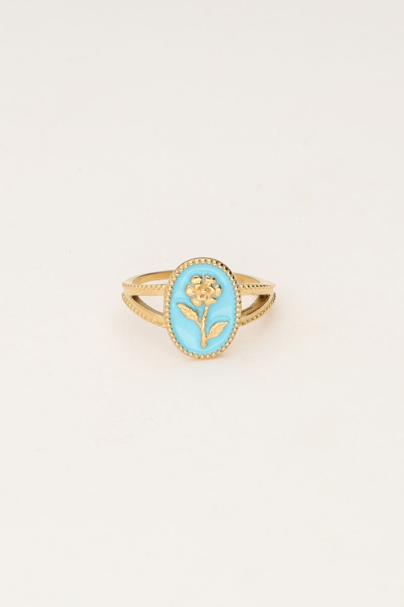 My jewellery Art blauwe statement ring met bloem