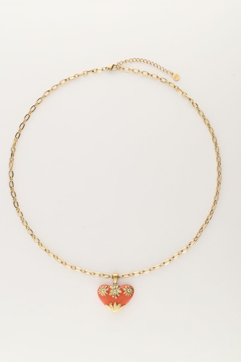Art chain necklace with orange vintage heart