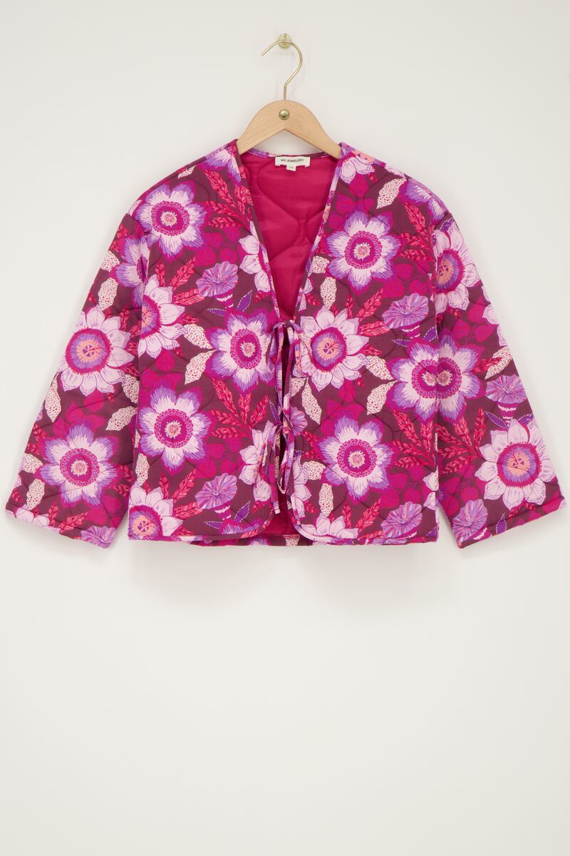 Brown padded jacket with bows and pink floral print | My Jewellery