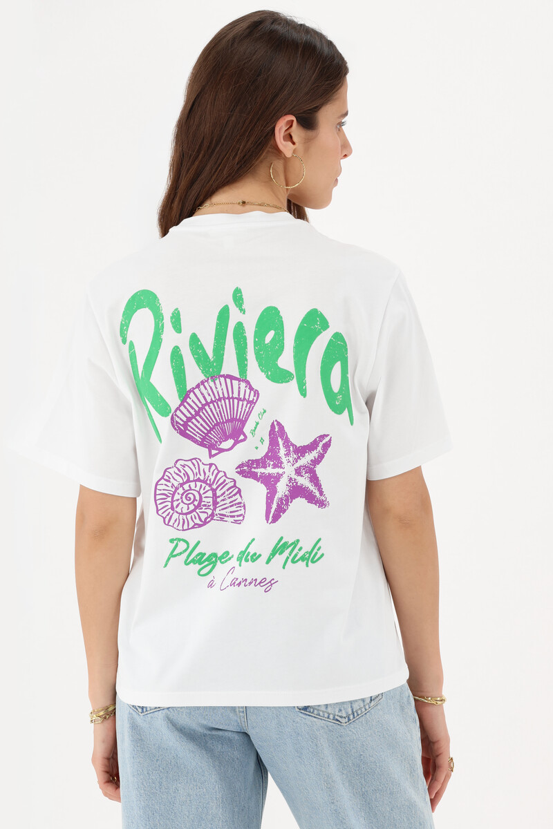 White T-shirt with green "Riviera" | My Jewellery