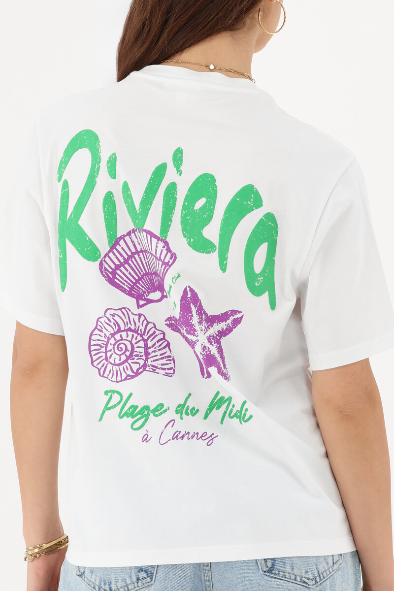 White T-shirt with green "Riviera" | My Jewellery