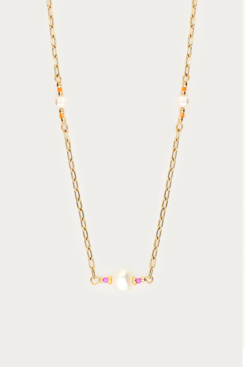 Lange ketting met roze kralen & zoetwaterparels