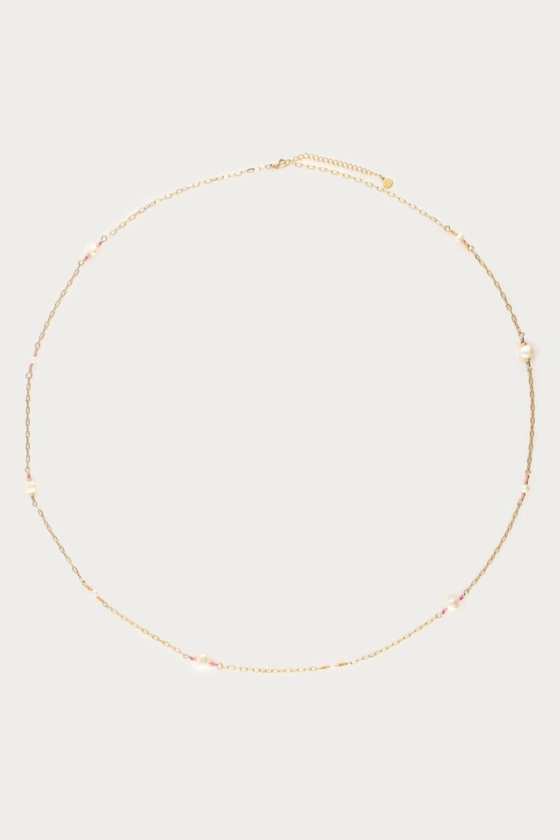 Lange ketting met roze kralen & zoetwaterparels