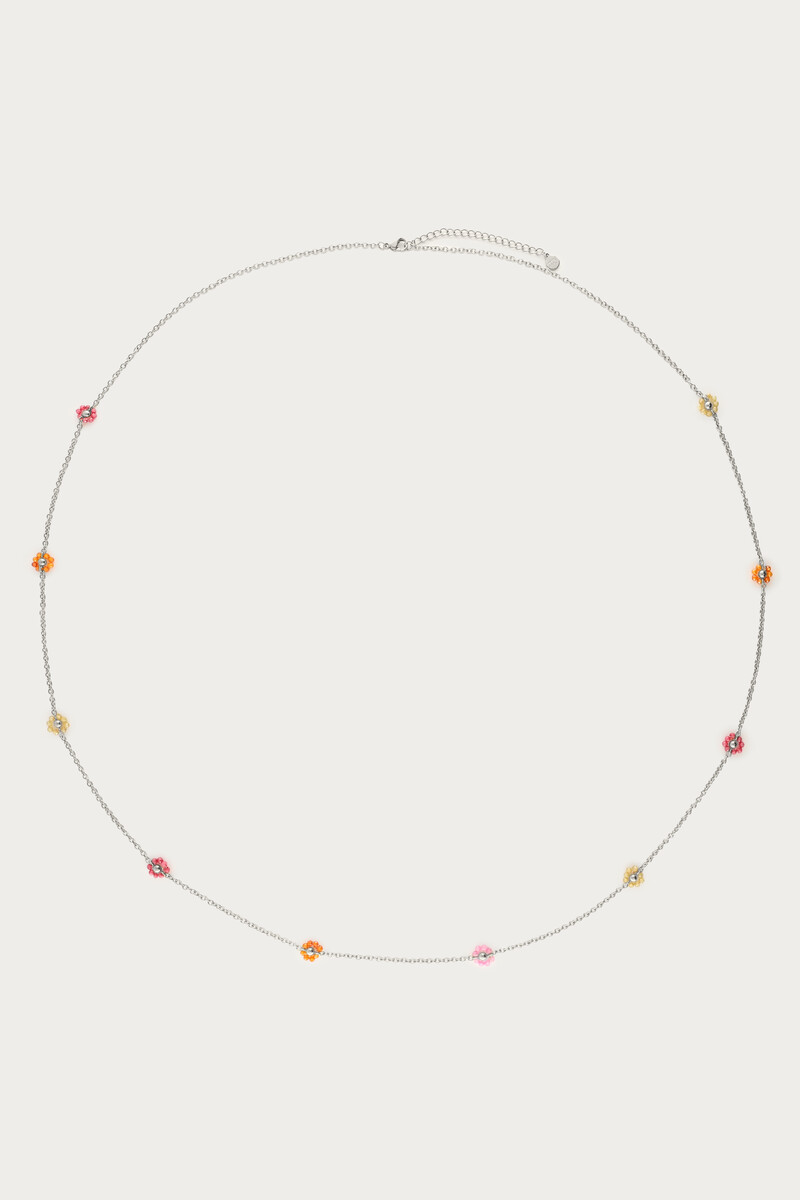 Long minimalist necklace with multicoloured floral beads