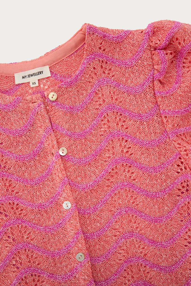 Coral top with print and mother-of-pearl buttons | My Jewellery