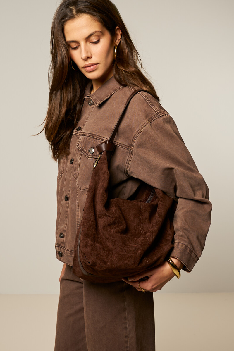 Dark brown shoulder bag in suede look with buckle | My Jewellery