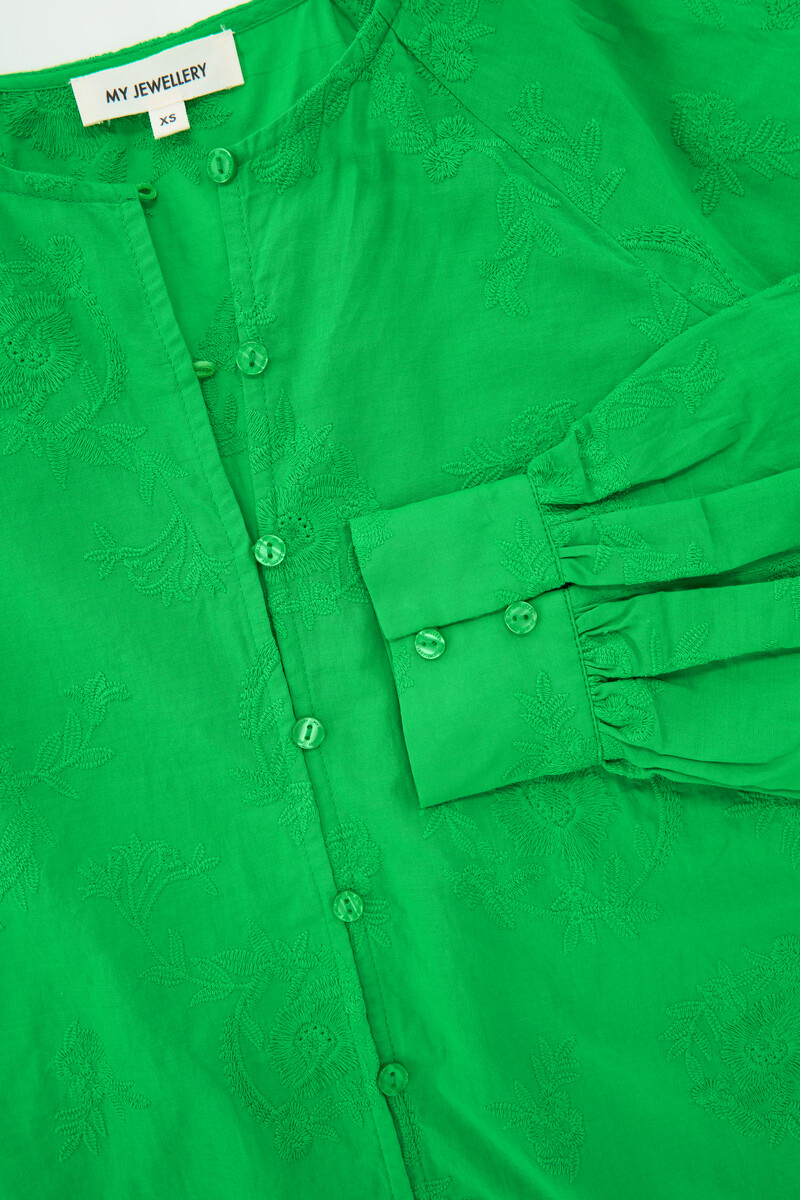 Green top with ruffles and embroidery details | My Jewellery